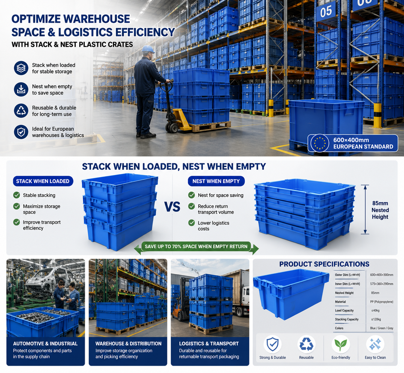 Últimos blogs de la empresa sobre ¿Por qué los almacenes europeos están cambiando a cajas de plástico apilables y encajables para una logística más inteligente?